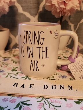 Rae Dunn White Mug with Purple  Rim "Spring Is In The Air"